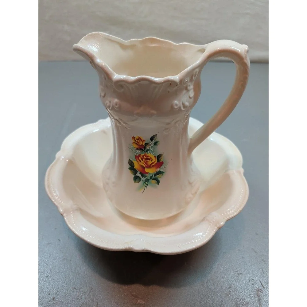 Vintage Ceramic Pitcher and Basin Set Cream Floral Rose Embossed Scroll Detail